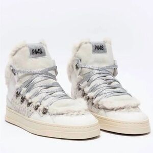 NWT P448 Women's White and Silver High-Top Sneakers